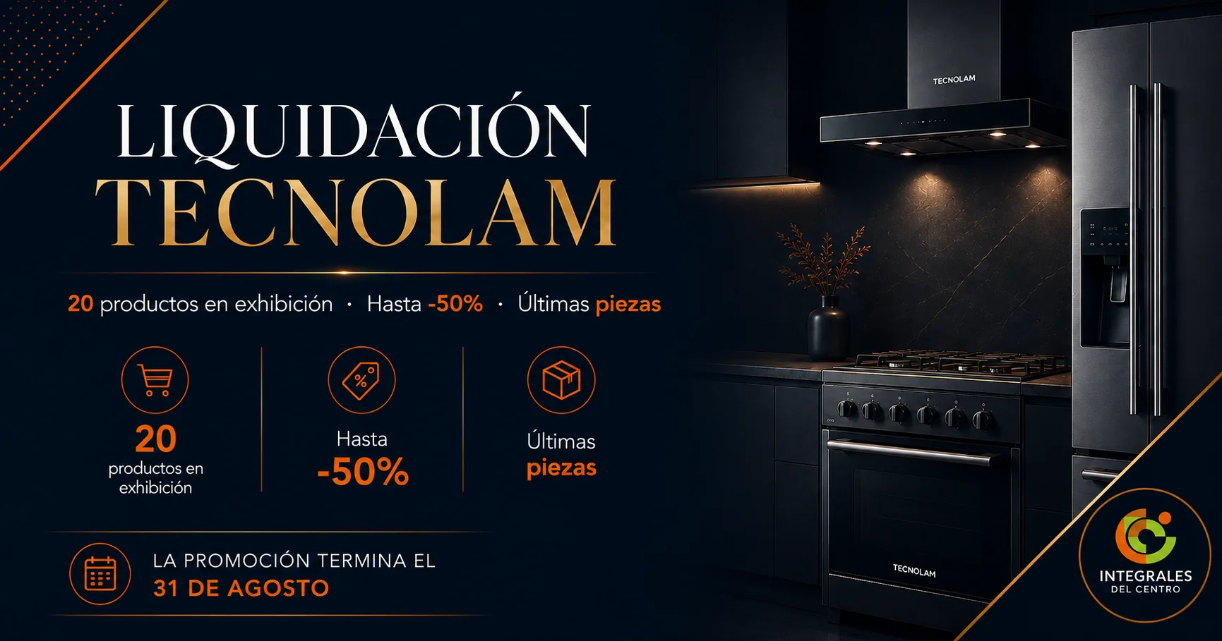 Liquidación Tecnolam — Cocina en tonos oscuros con estufa, campana y refrigerador