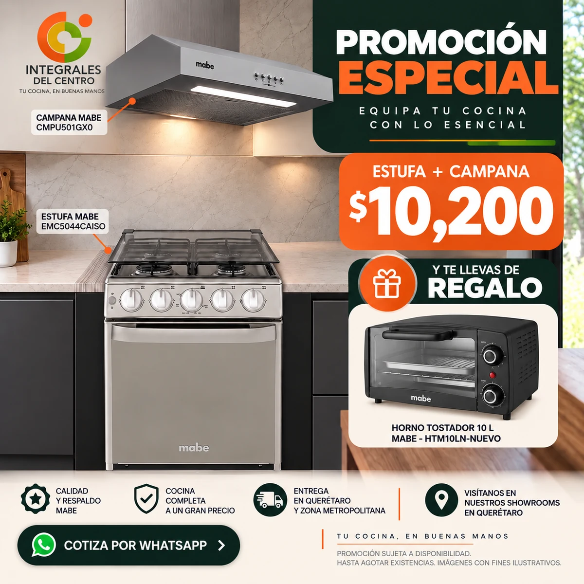 Promoción especial: Estufa Mabe EMC5044CAISO + Campana Mabe CMPU501GX0 por $10,200 con horno tostador de regalo