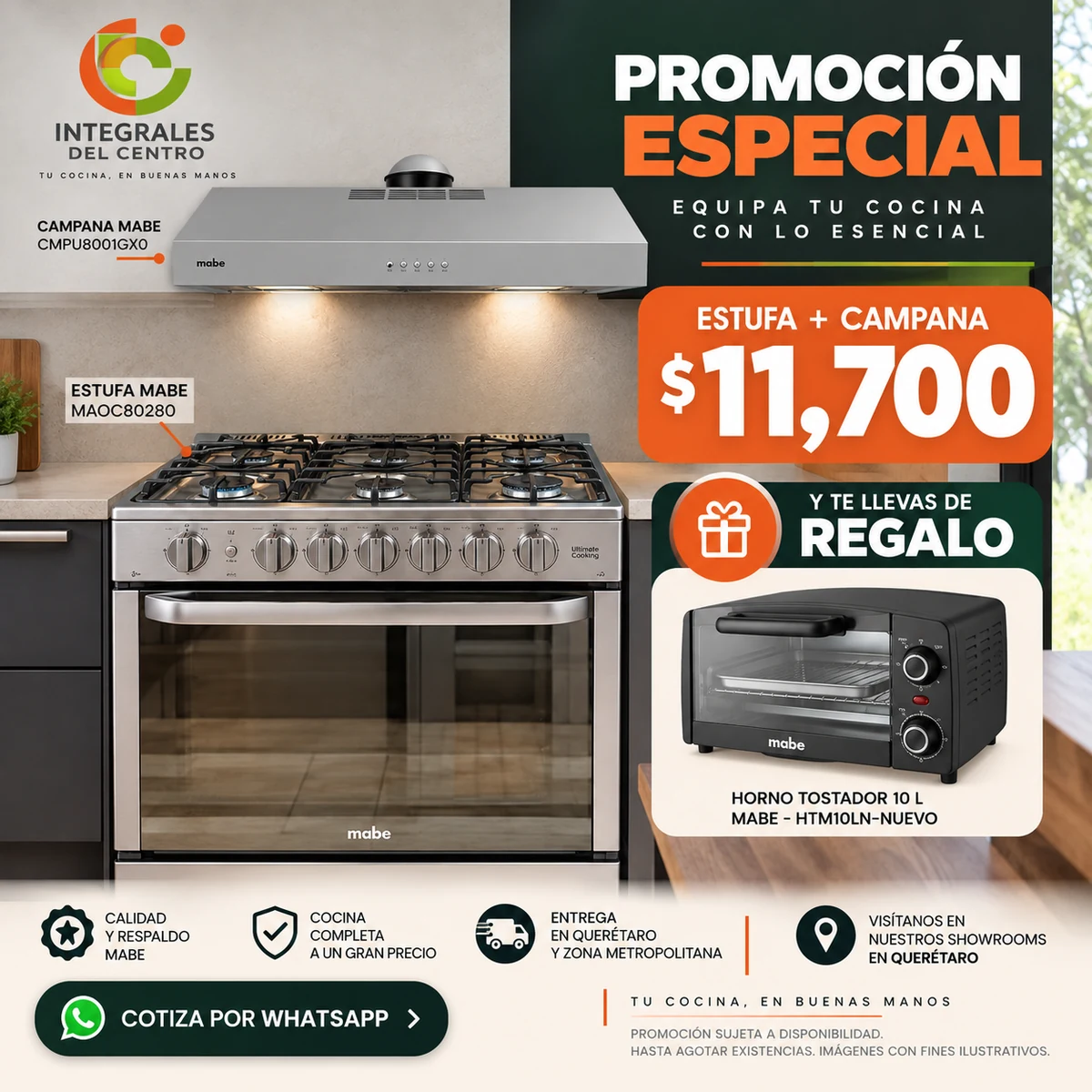 Promoción especial: Estufa Mabe MAOC80280 + Campana Mabe CMPU8001GX0 por $11,700 con horno tostador de regalo